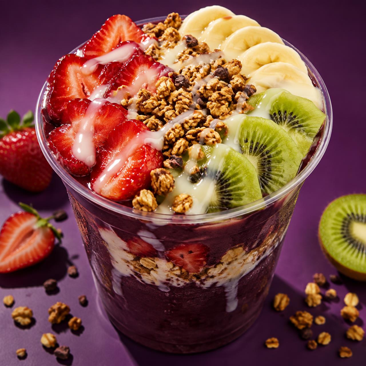 Copo de açaí cremoso com morango, banana, kiwi e granola